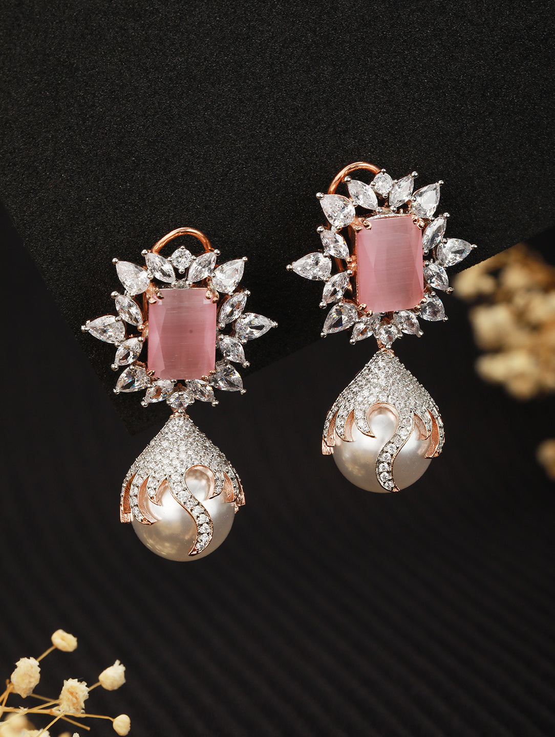 Royal Pink studded pearl drop earrings