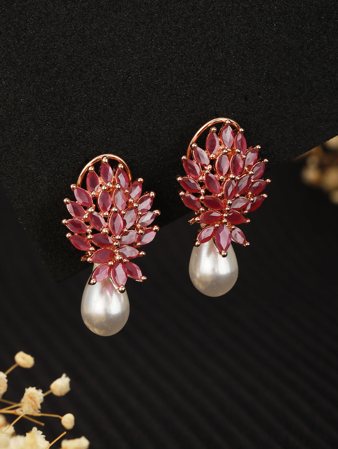 Rose Gold Plated Luxurious Pink AD studded Pearl Drop Earring