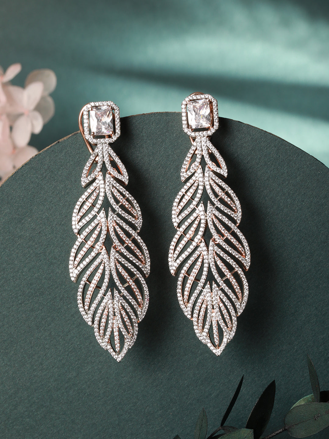Rose Gold plated Leaf Design AD studded Earrings