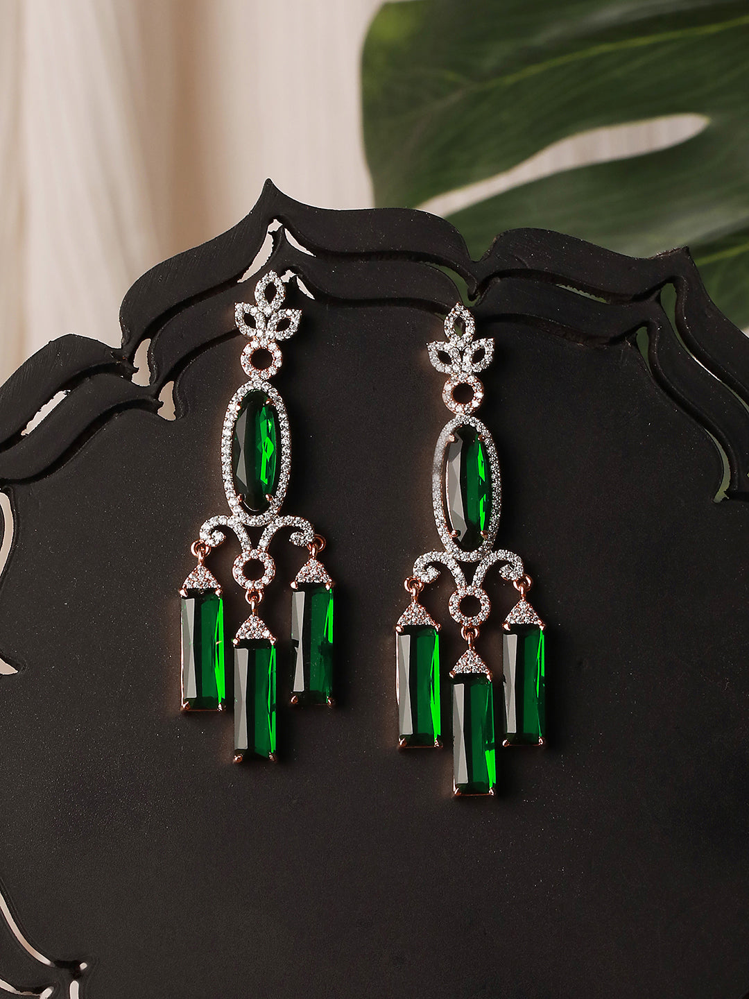 Rose Gold plated Green AD studded Drop Earrings