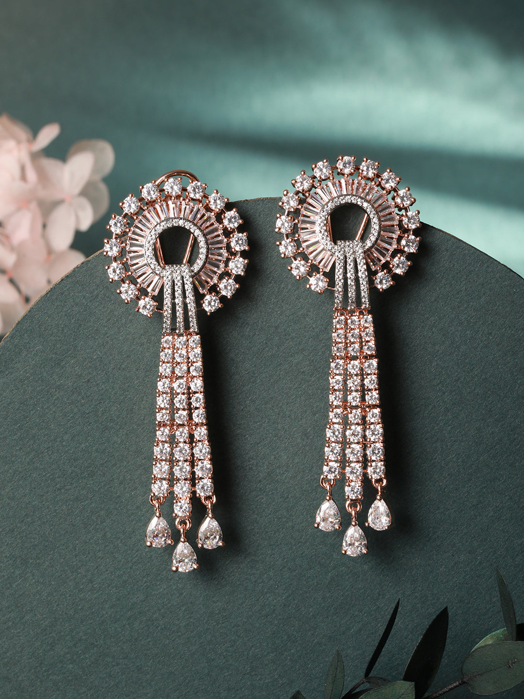 Rose Gold plated White AD studded Knotted Long Dropdown Handcrafted Earrings