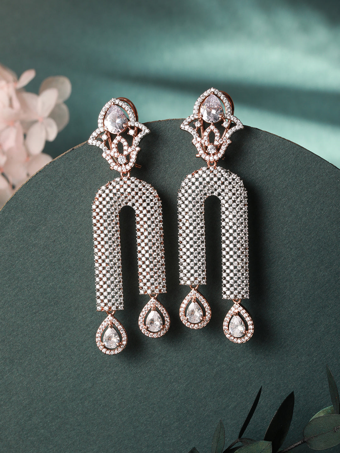 Rose Gold Plated White AD stdded Long Designer Dropdown Earrings