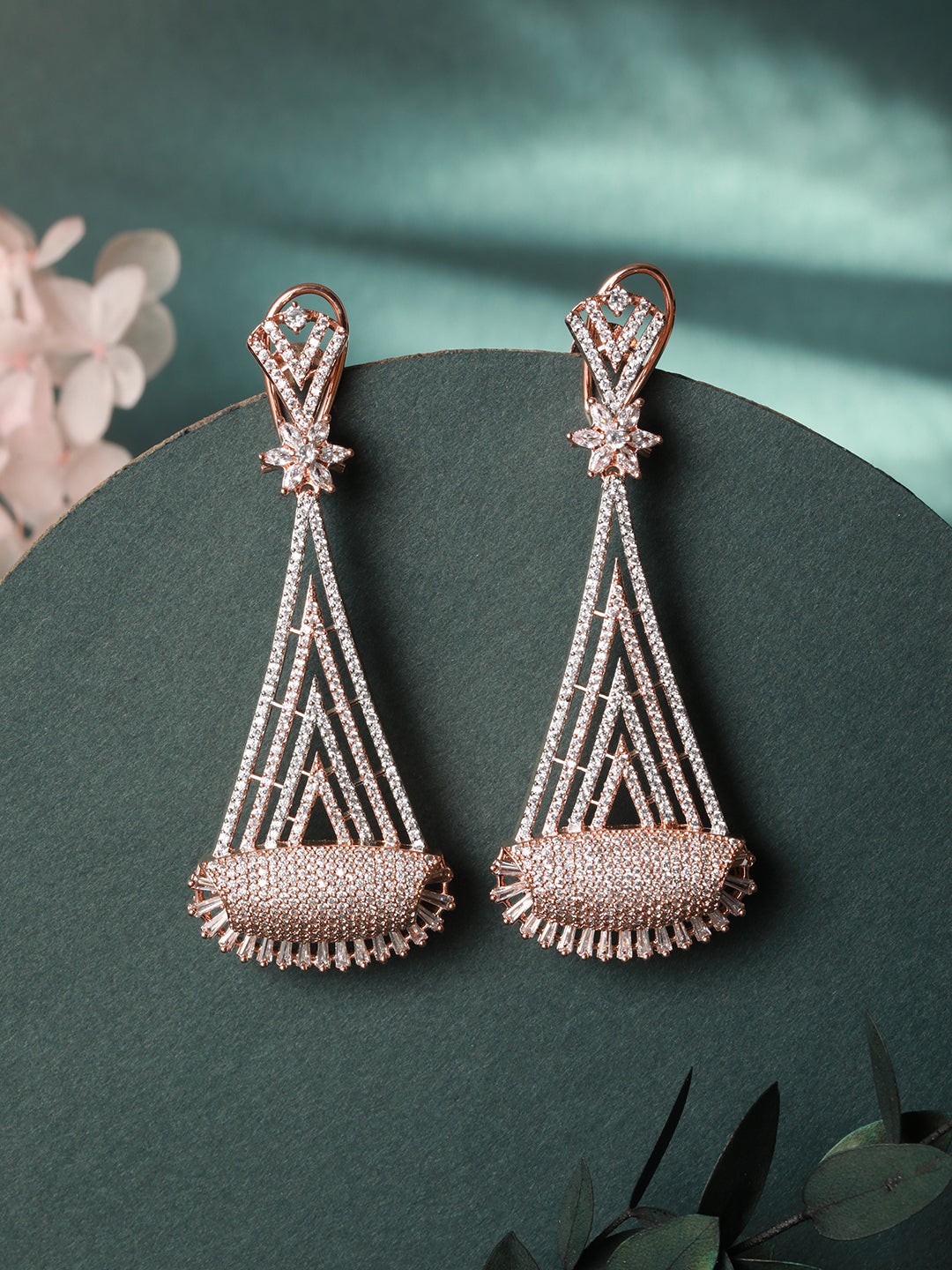 Rose Gold Plated White AD Stone studded Geometrical Jhumka Style Handcrafted Earrings