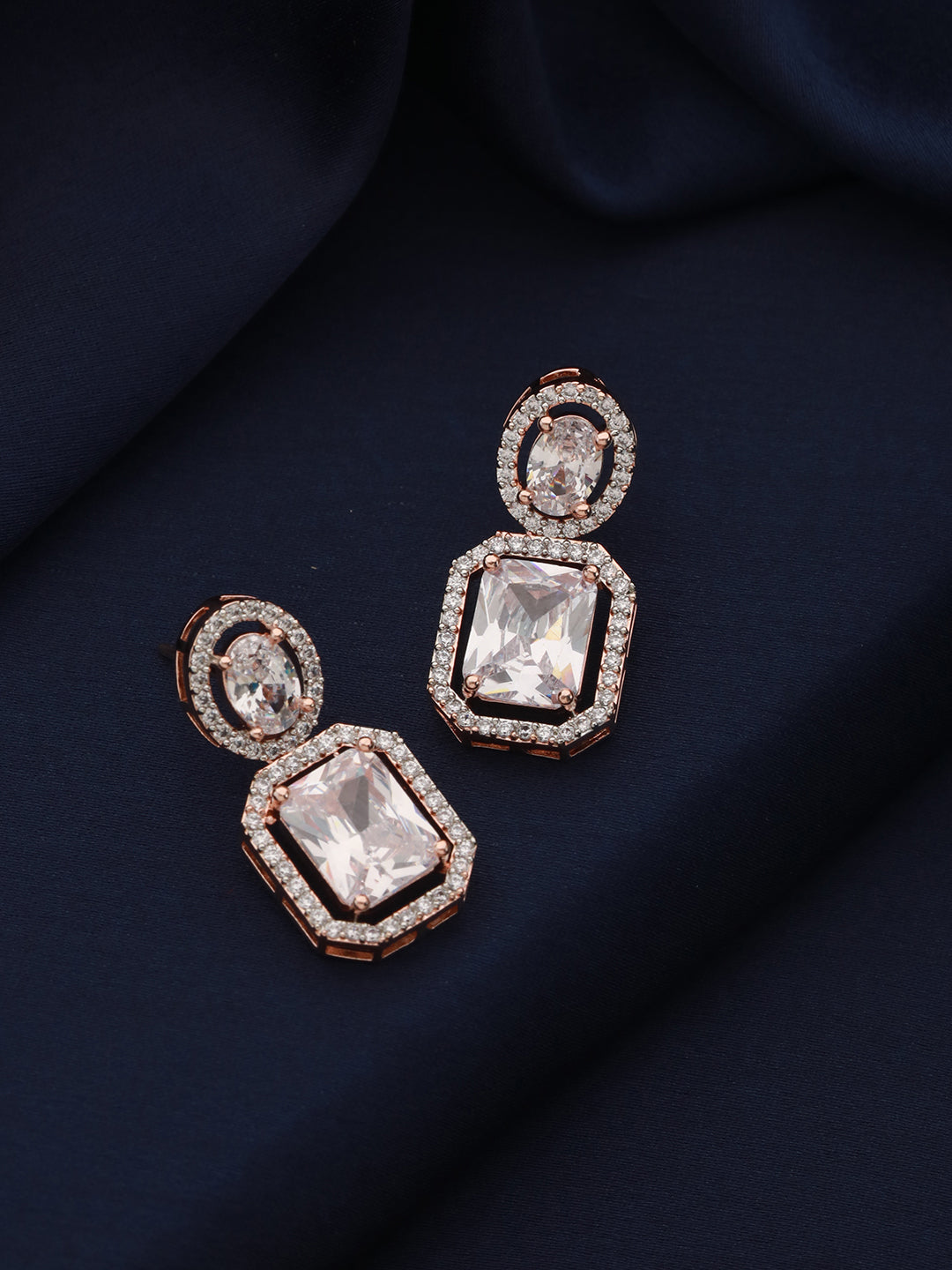 Rose Gold Plated AD Embellished Minimal Drop Earrings