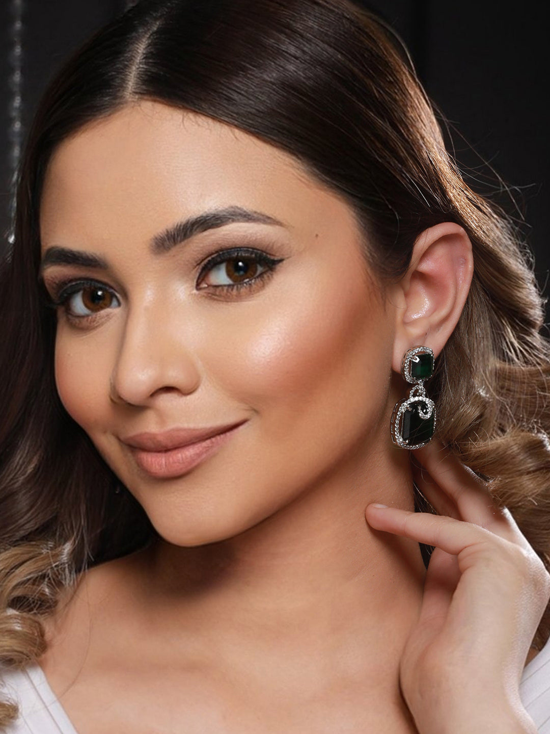 Silver  Toned  Royal Green AD Studded Statement Earrings for Women & Girls