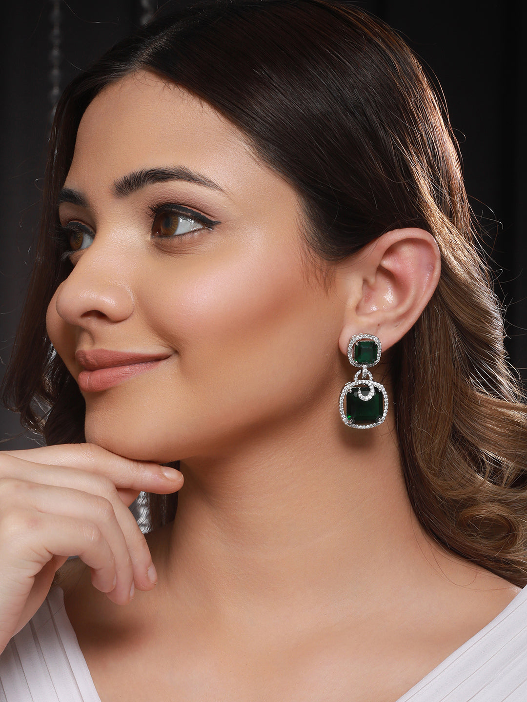 Silver  Toned  Royal Green AD Studded Statement Earrings for Women & Girls