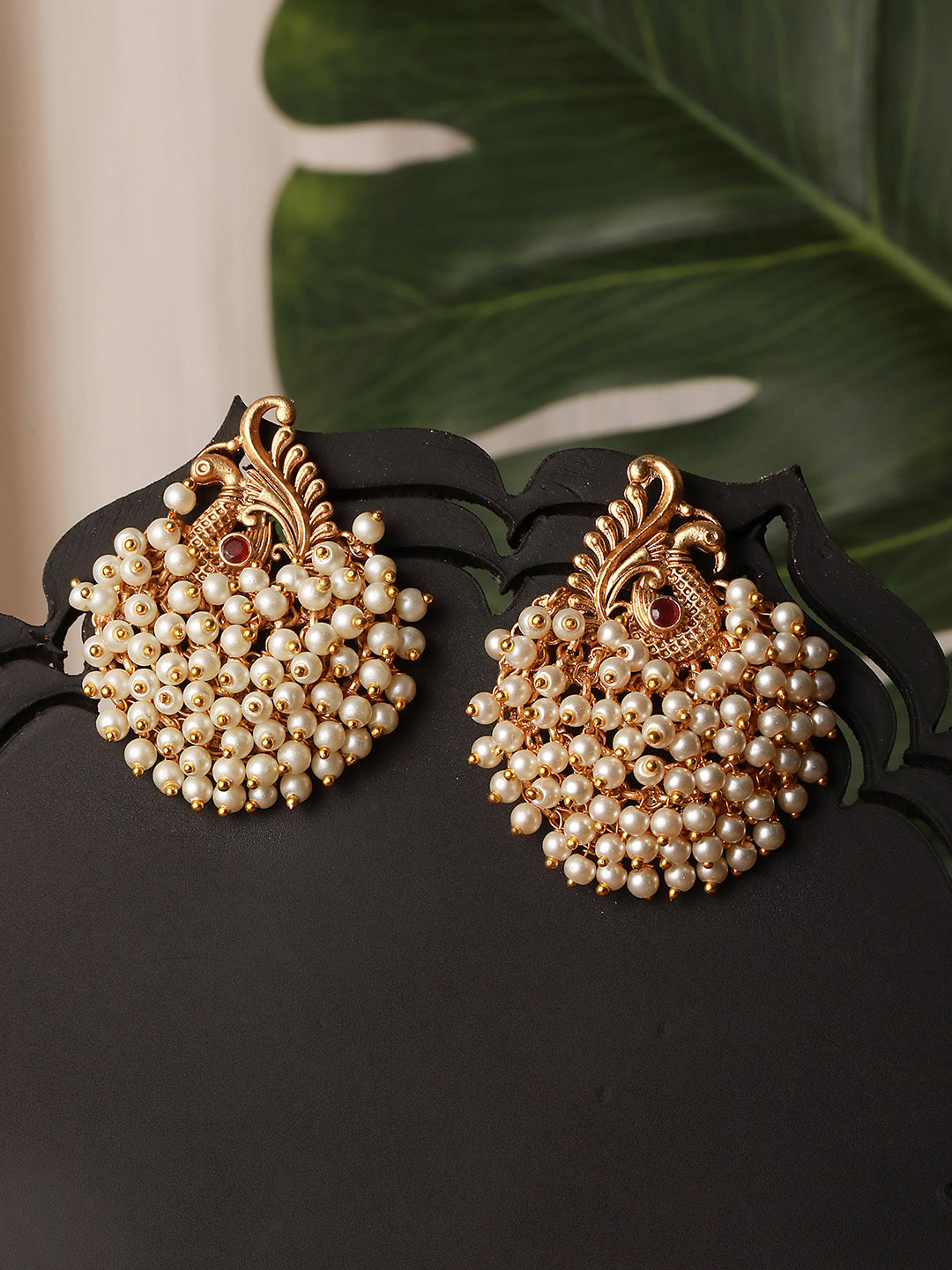 Gold Plated Pearl Beaded Peacock Temple Studds Earring
