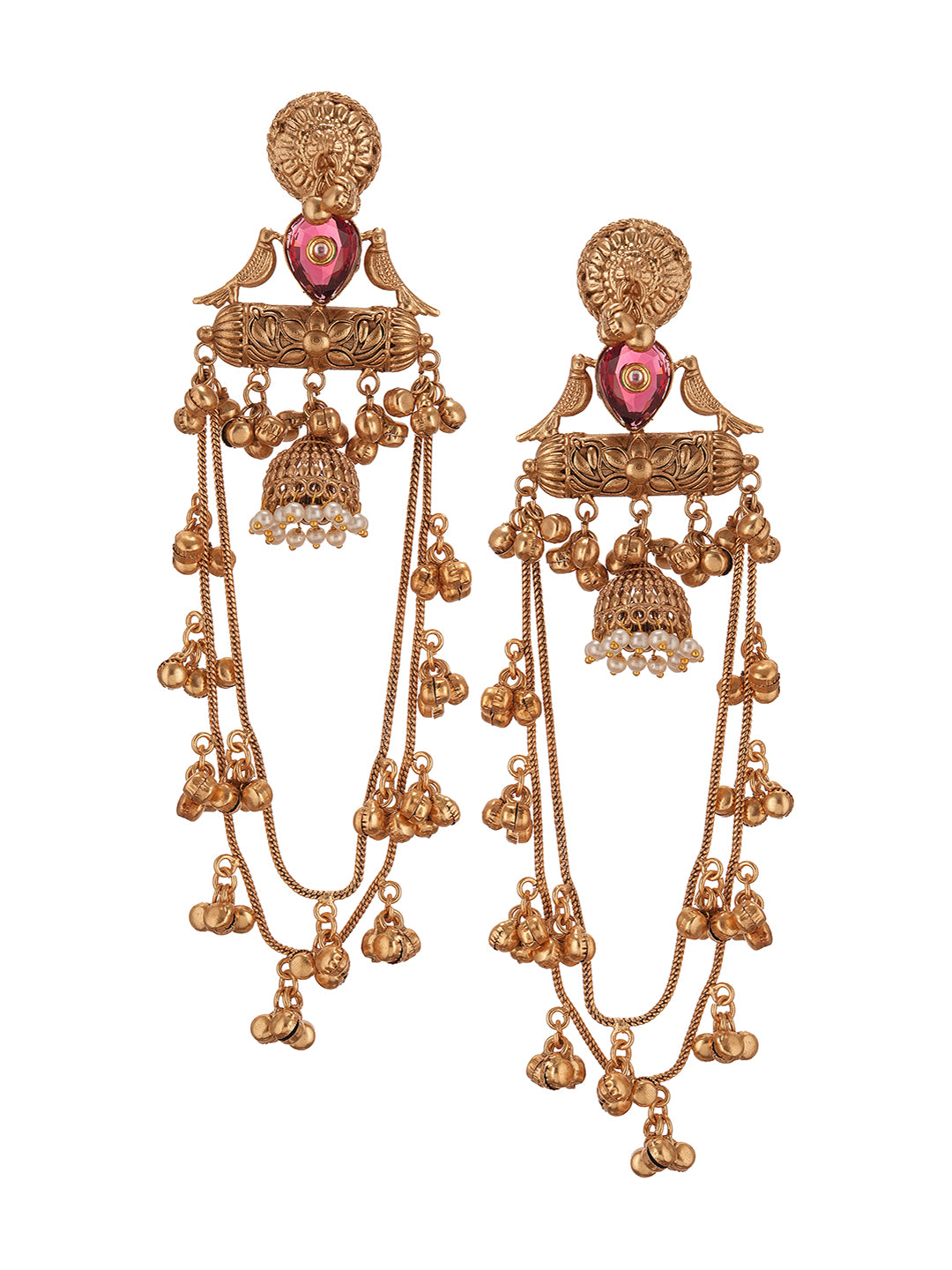Gold Plated Temple Ghungroo Bird Kashmiri Dangler Statement Jhumka Earrings
