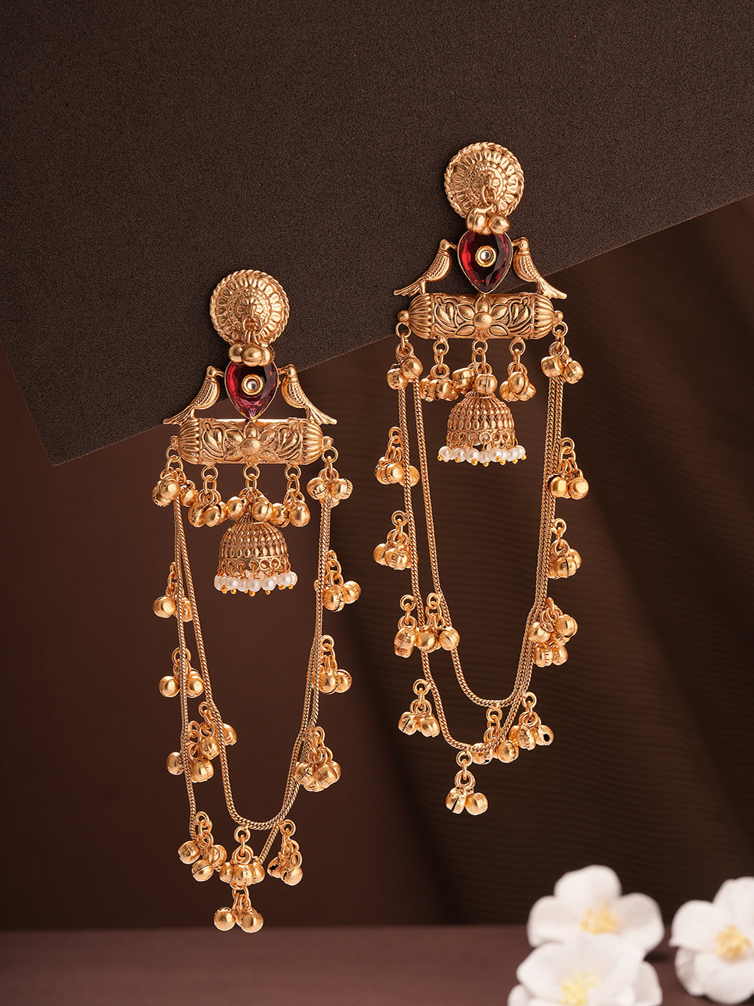 Gold Plated Temple Ghungroo Bird Kashmiri Dangler Statement Jhumka Earrings