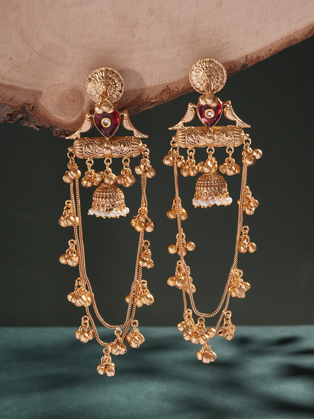 Gold Plated Temple Ghungroo Bird Kashmiri Dangler Statement Jhumka Earrings