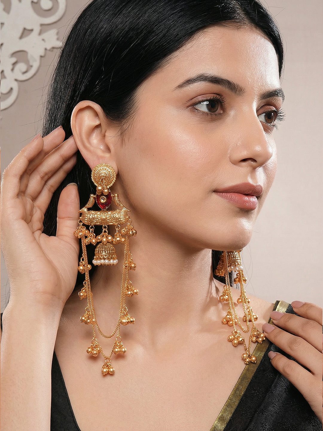 Gold Plated Temple Ghungroo Bird Kashmiri Dangler Statement Jhumka Earrings