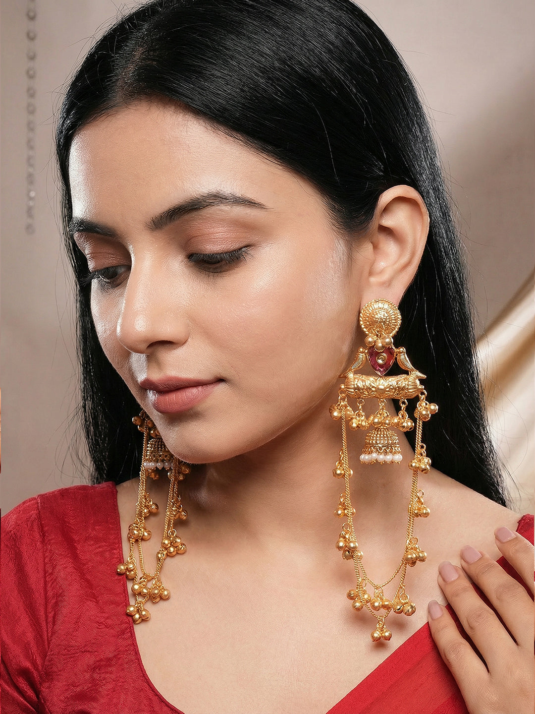 Gold Plated Temple Ghungroo Bird Kashmiri Dangler Statement Jhumka Earrings