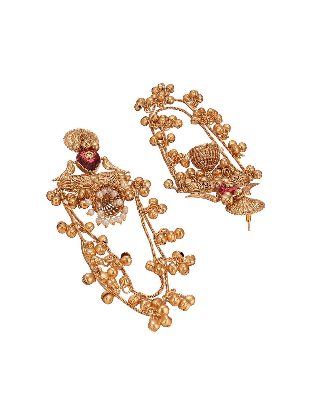 Gold Plated Temple Ghungroo Bird Kashmiri Dangler Statement Jhumka Earrings
