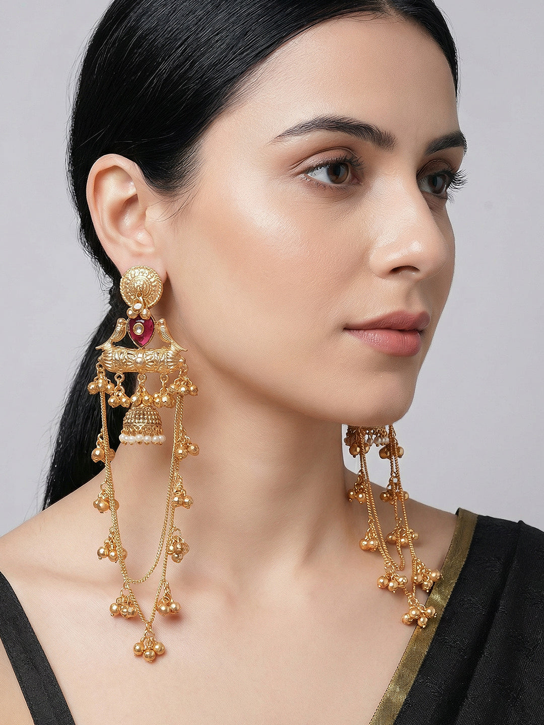 Gold Plated Temple Ghungroo Bird Kashmiri Dangler Statement Jhumka Earrings