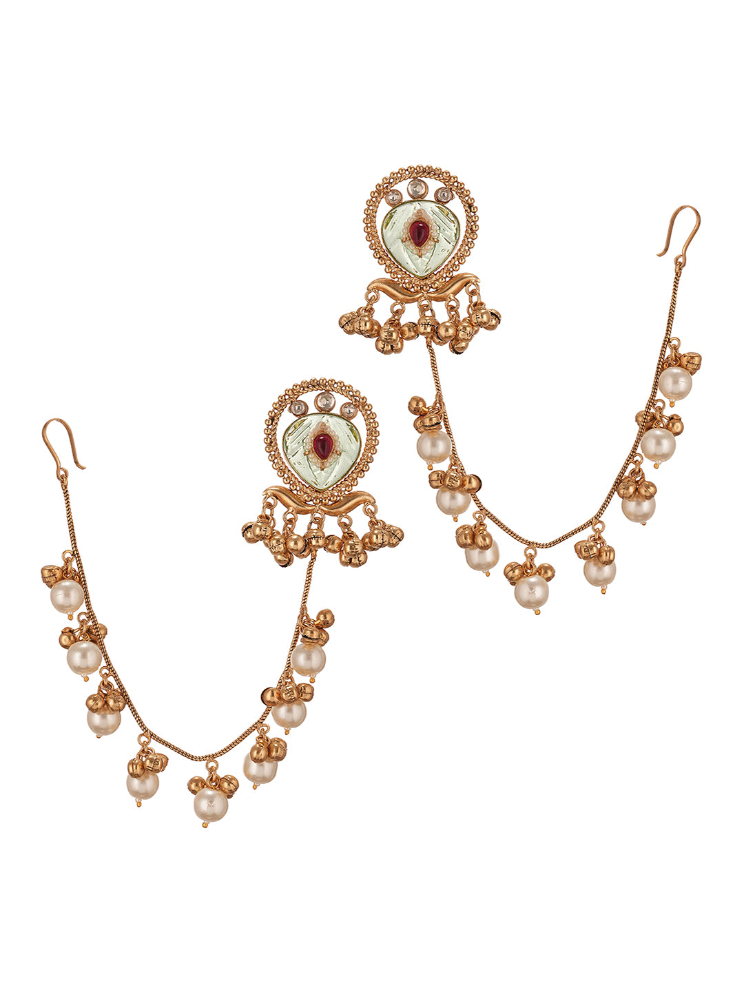 Gold Plated Kundan & Pearl Bridal Statement Kaanchain Earrings