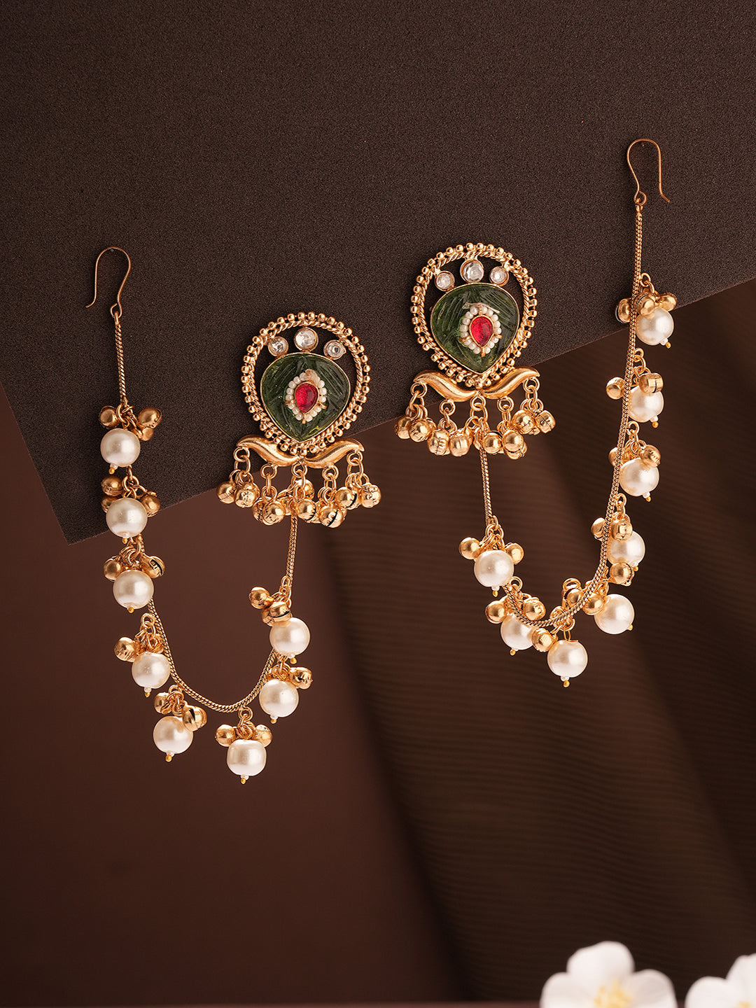 Gold Plated Kundan & Pearl Bridal Statement Kaanchain Earrings