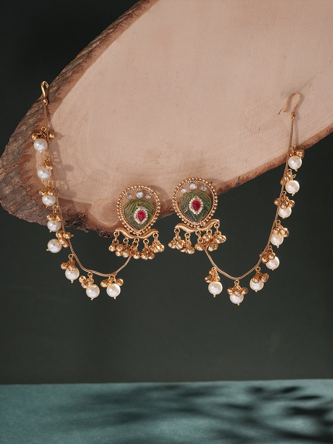 Gold Plated Kundan & Pearl Bridal Statement Kaanchain Earrings