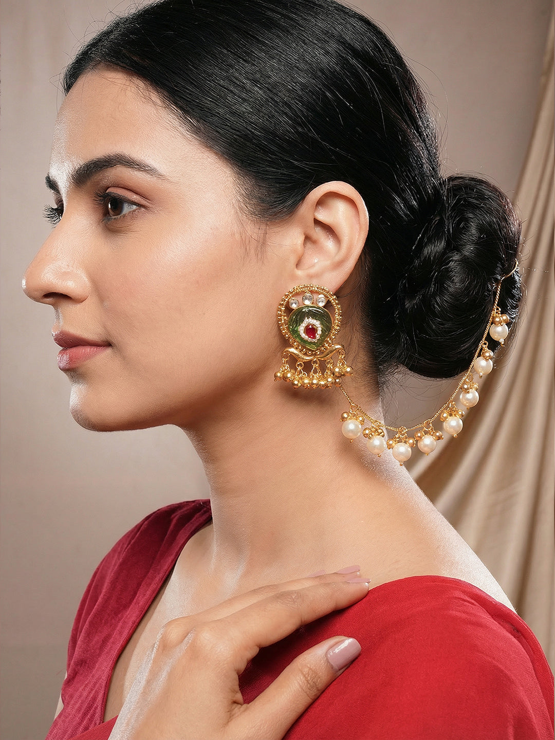 Gold Plated Kundan & Pearl Bridal Statement Kaanchain Earrings