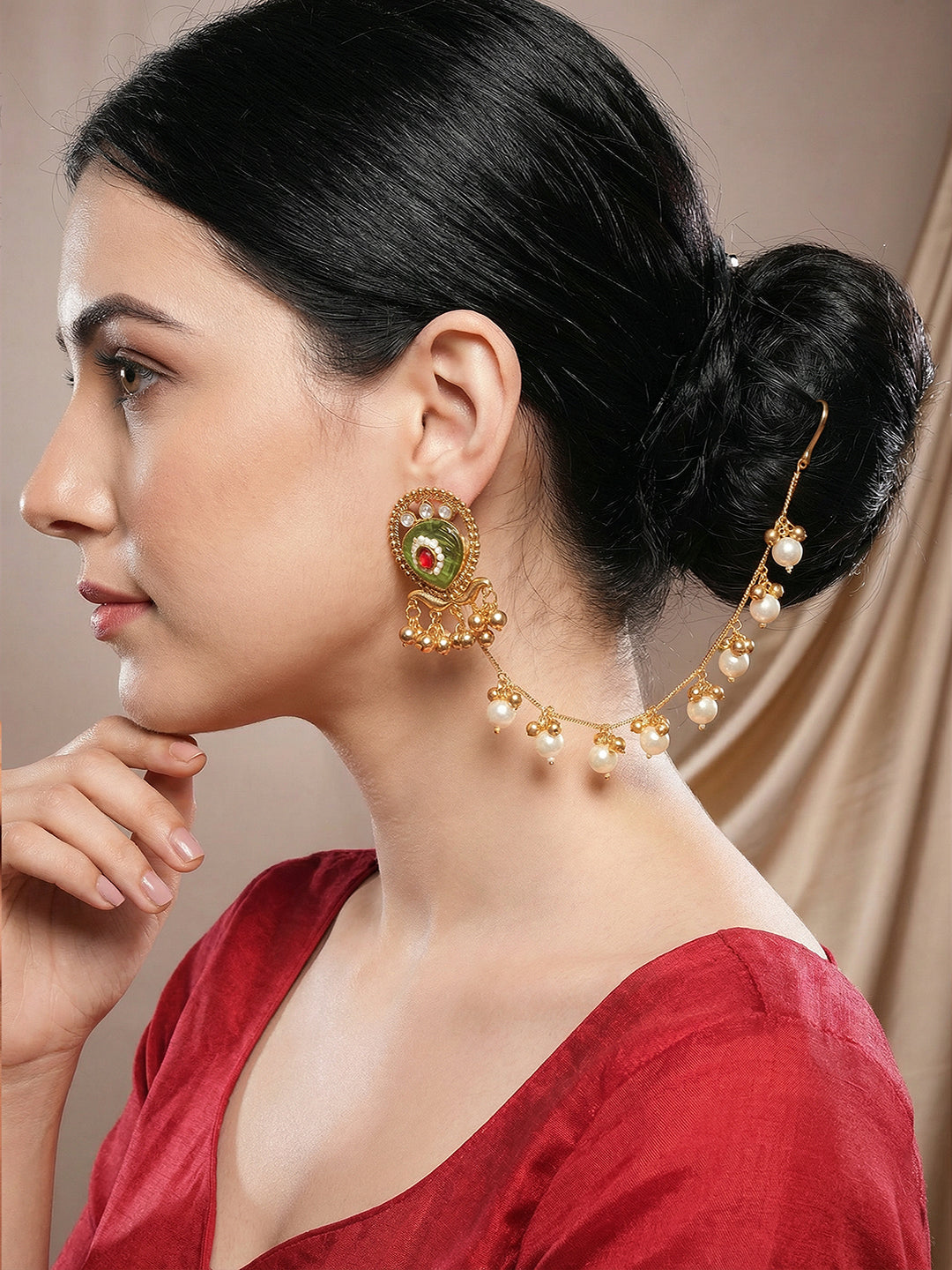 Gold Plated Kundan & Pearl Bridal Statement Kaanchain Earrings