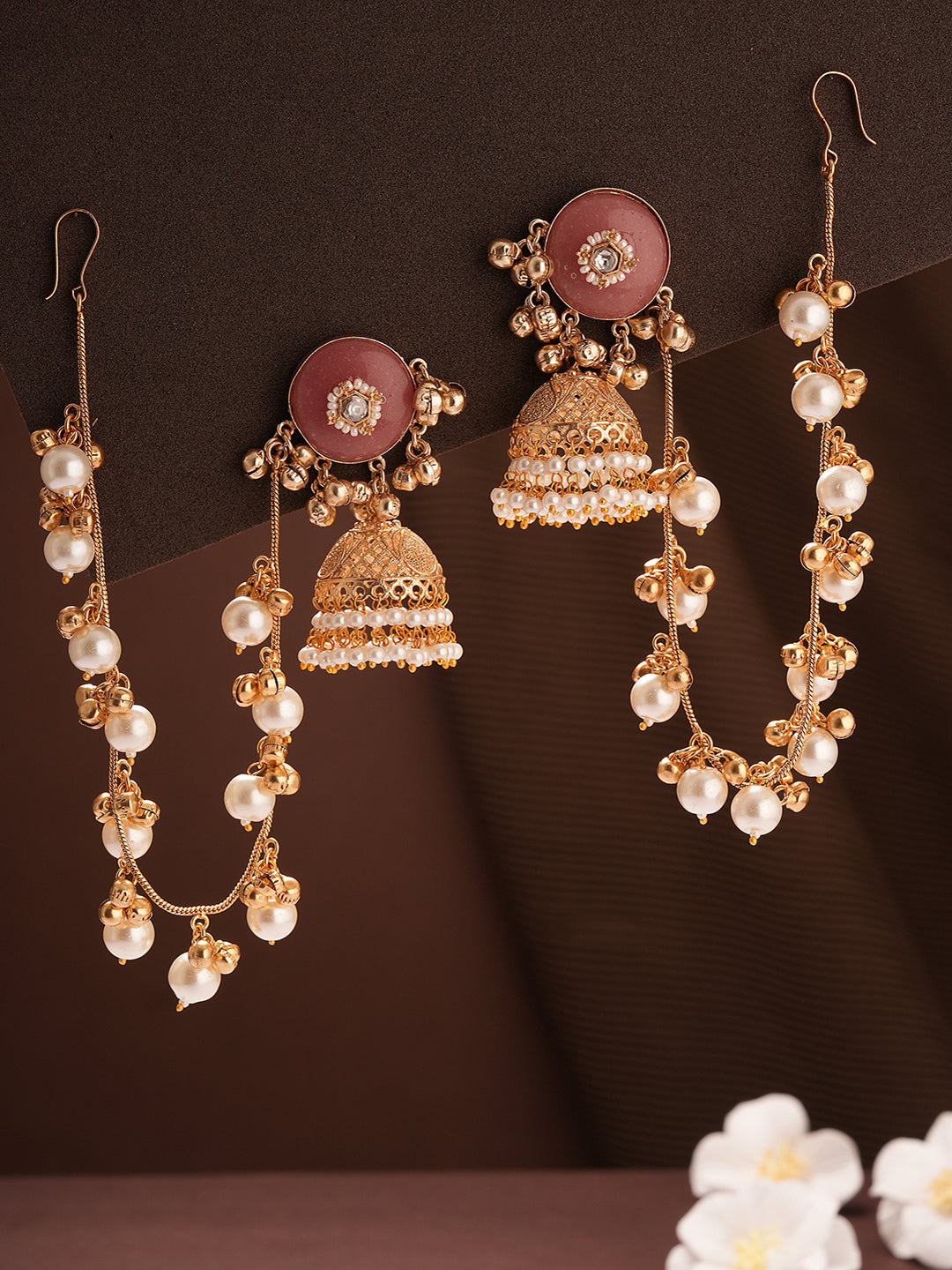 Gold Plated Kundan Pearl Statement Bridal Earchains Jhumka Earrings
