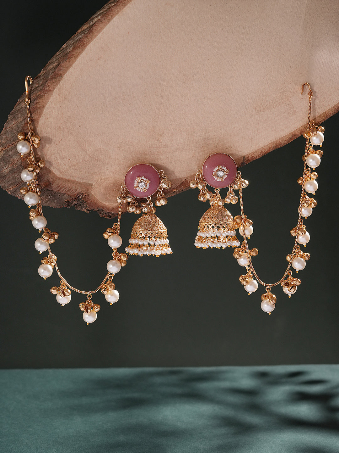 Gold Plated Kundan Pearl Statement Bridal Earchains Jhumka Earrings