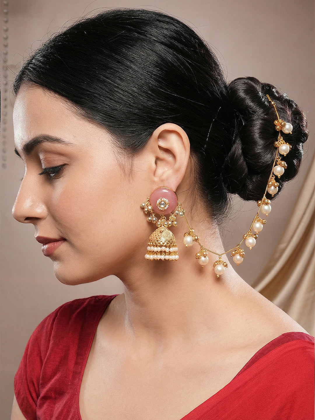 Gold Plated Kundan Pearl Statement Bridal Earchains Jhumka Earrings