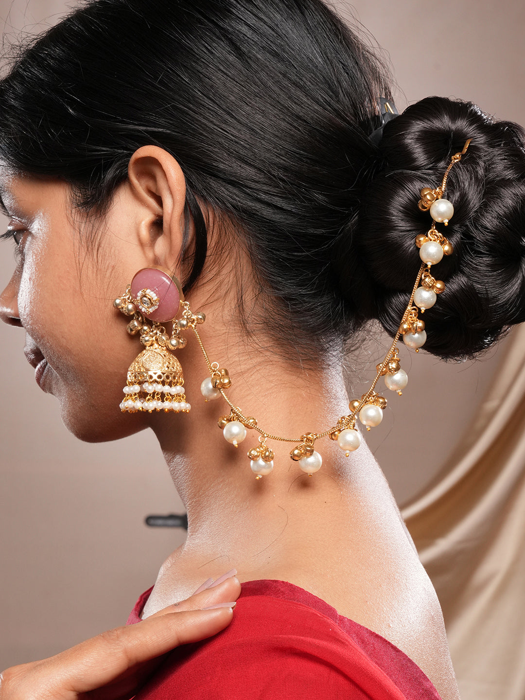 Gold Plated Kundan Pearl Statement Bridal Earchains Jhumka Earrings