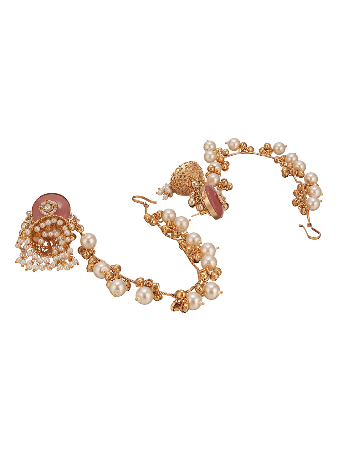 Gold Plated Kundan Pearl Statement Bridal Earchains Jhumka Earrings