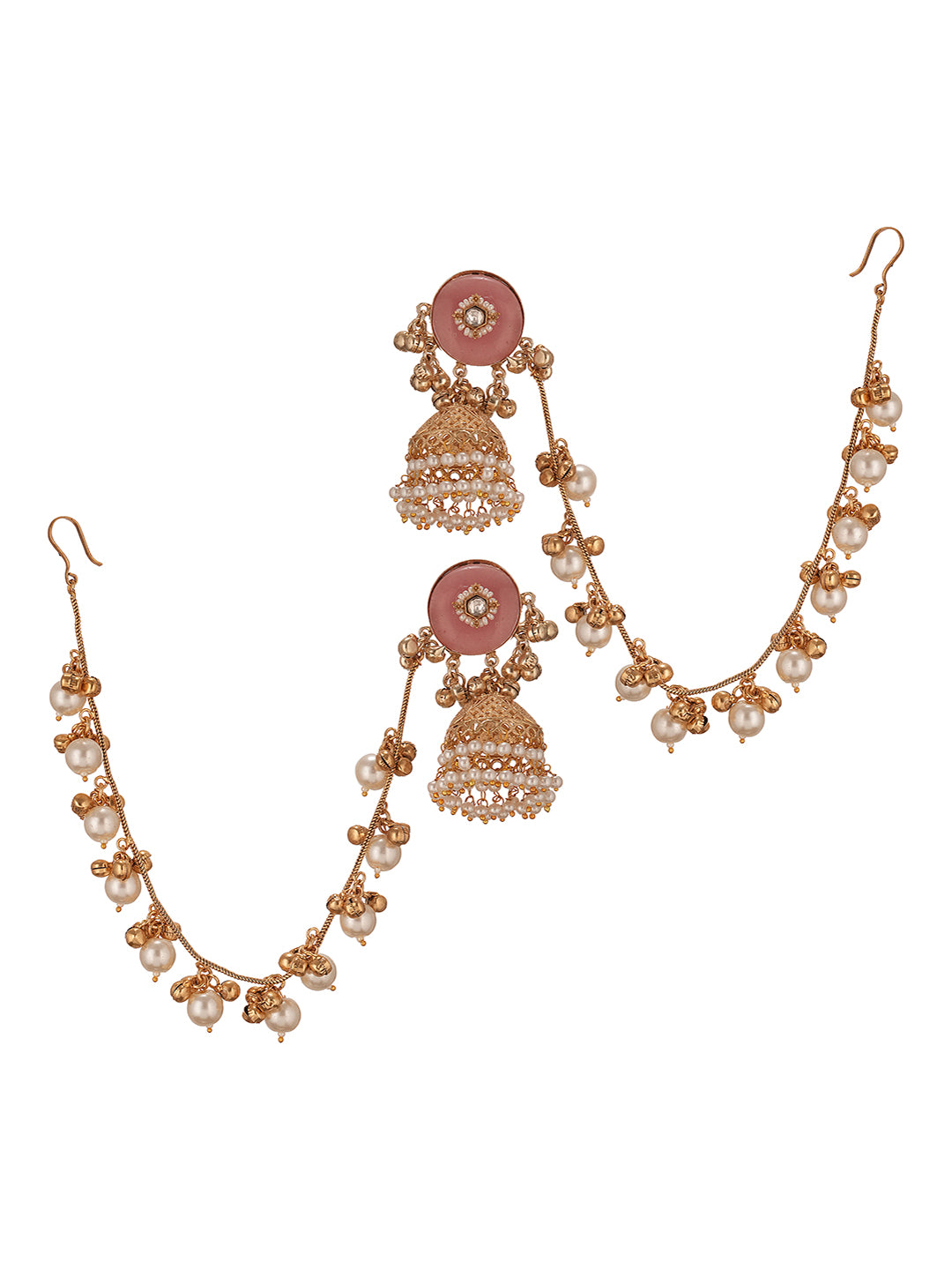 Gold Plated Kundan Pearl Statement Bridal Earchains Jhumka Earrings