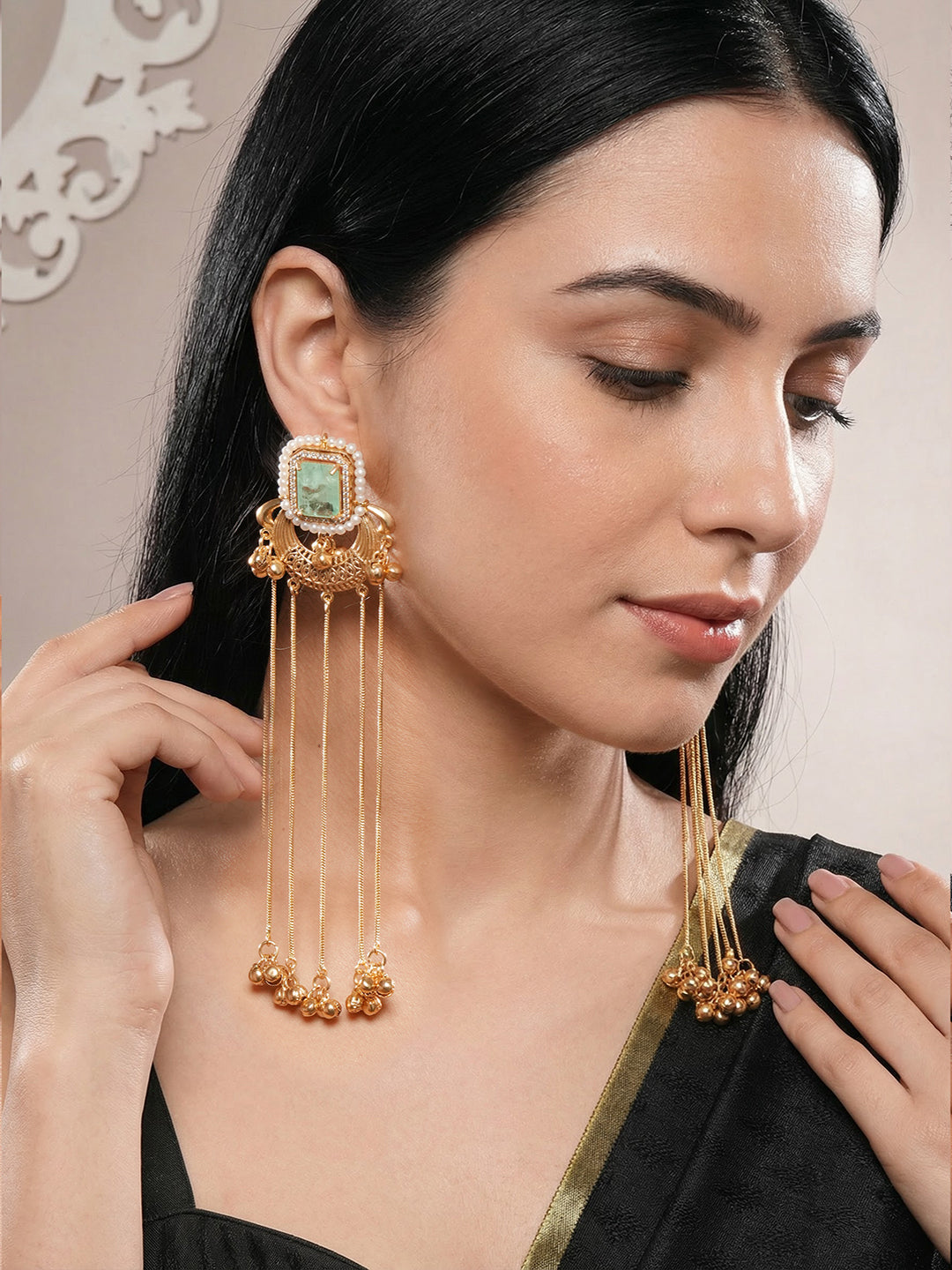 Gold Plated Mint Green Ghungroo Drop Minimal Earrings