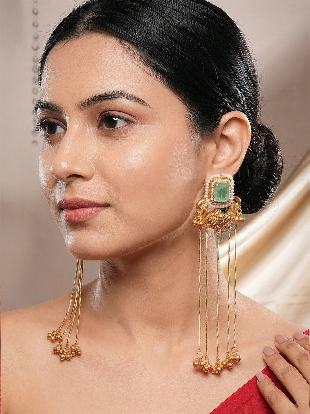 Gold Plated Mint Green Ghungroo Drop Minimal Earrings