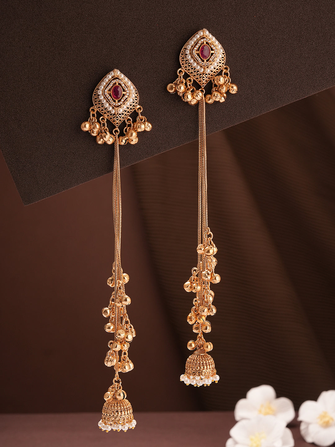 Gold Plated Ruby Red AD Pearl Studded Kashmiri Ghungroo Dangler Earrings