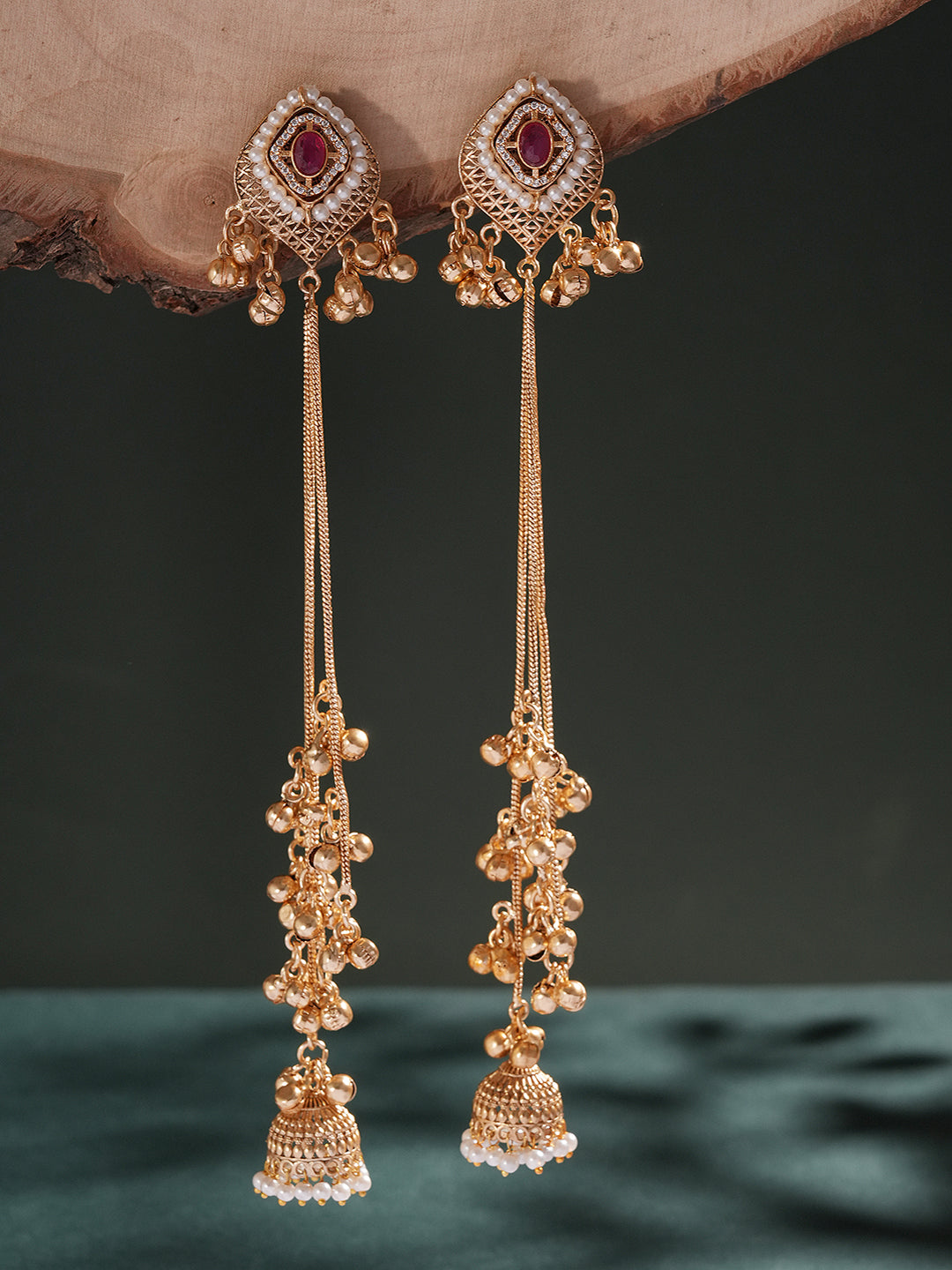 Gold Plated Ruby Red AD Pearl Studded Kashmiri Ghungroo Dangler Earrings