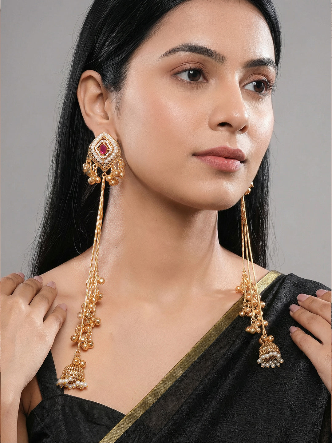 Gold Plated Ruby Red AD Pearl Studded Kashmiri Ghungroo Dangler Earrings