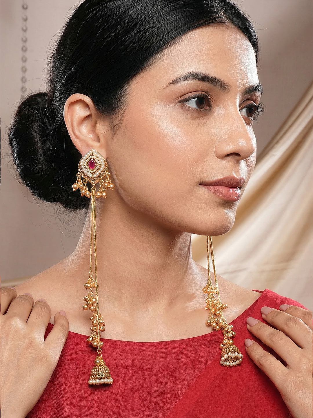 Gold Plated Ruby Red AD Pearl Studded Kashmiri Ghungroo Dangler Earrings