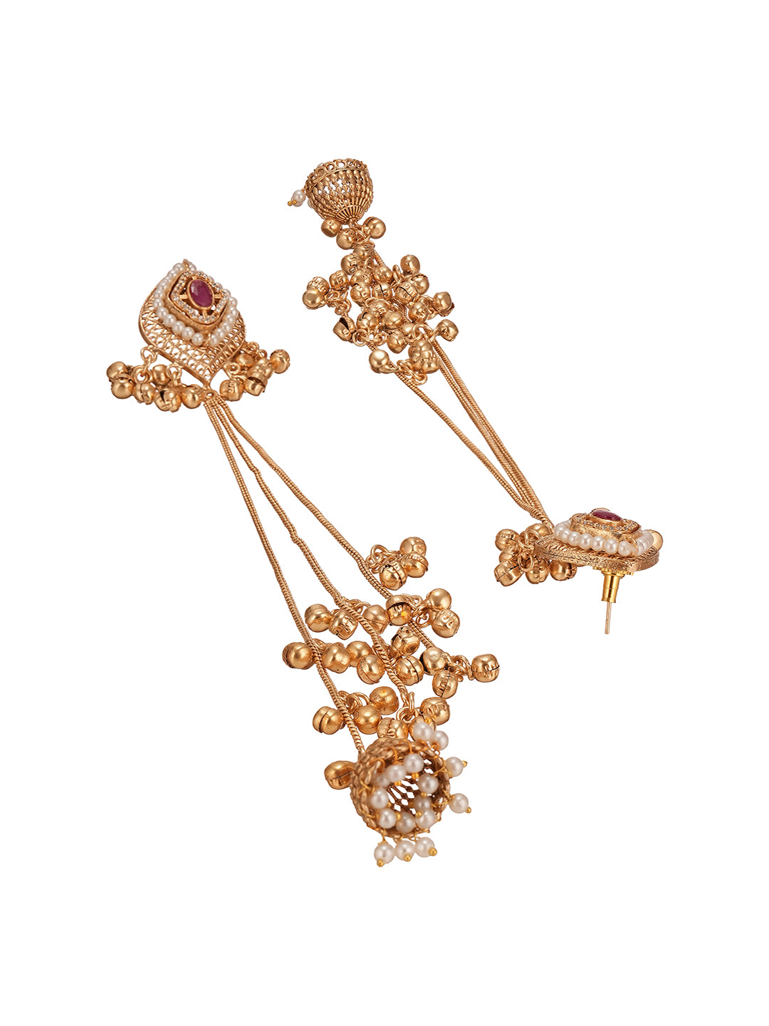 Gold Plated Ruby Red AD Pearl Studded Kashmiri Ghungroo Dangler Earrings