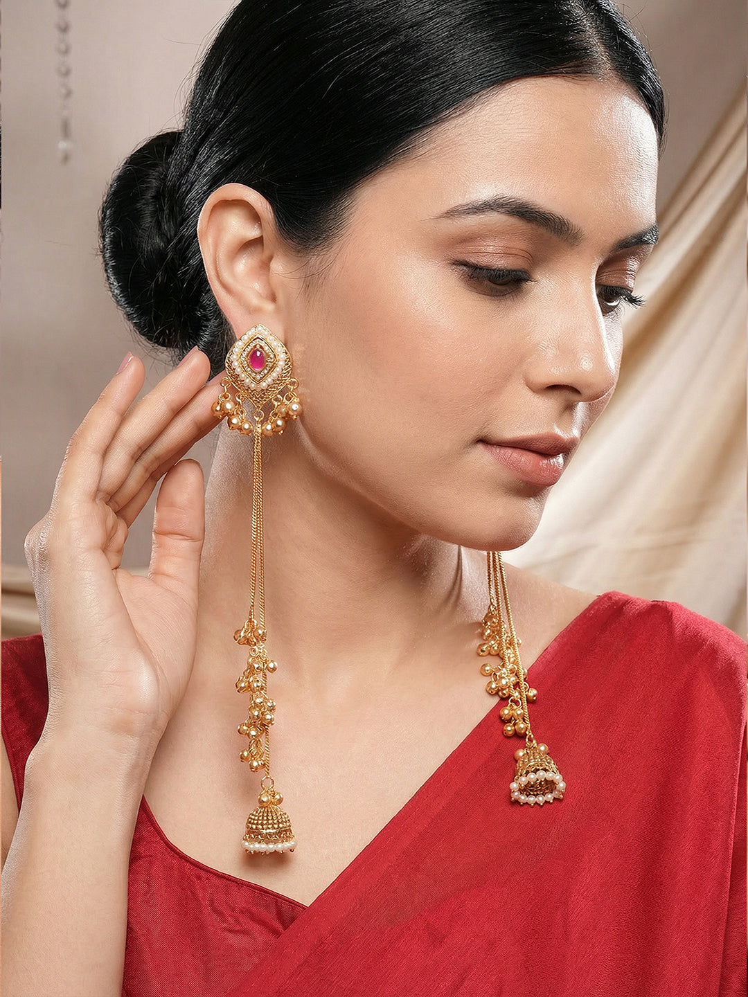 Gold Plated Ruby Red AD Pearl Studded Kashmiri Ghungroo Dangler Earrings
