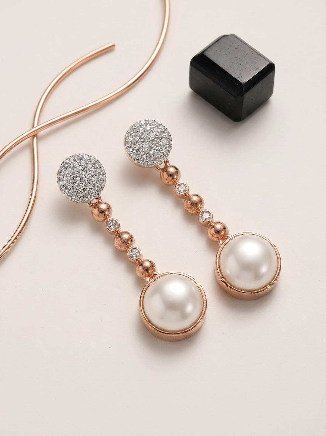 Rose gold plated pearl and AD stone beaded drop earrings