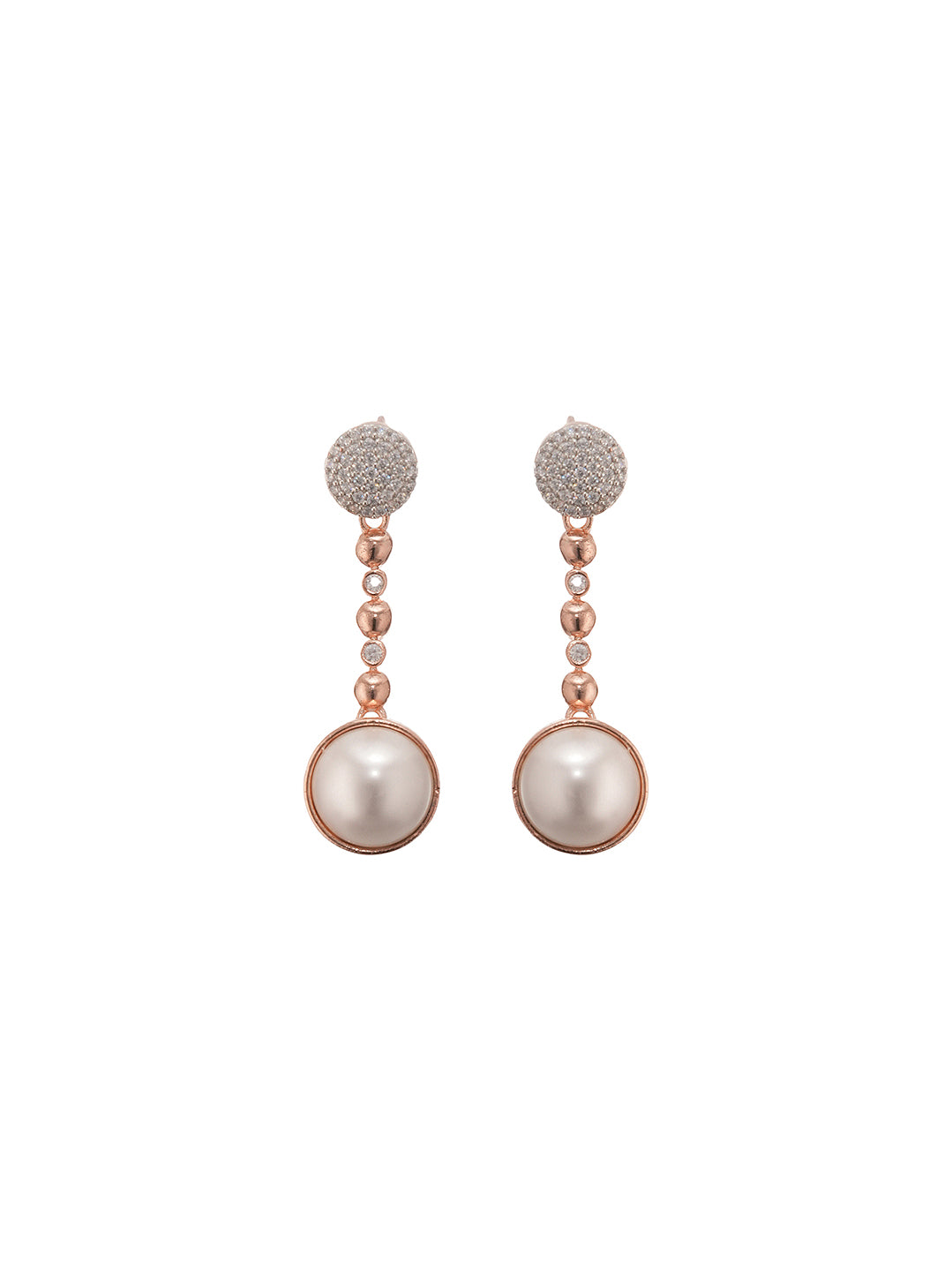 Rose Gold Plated Pearl & AD Stone Beaded Drop Minimal Earrings