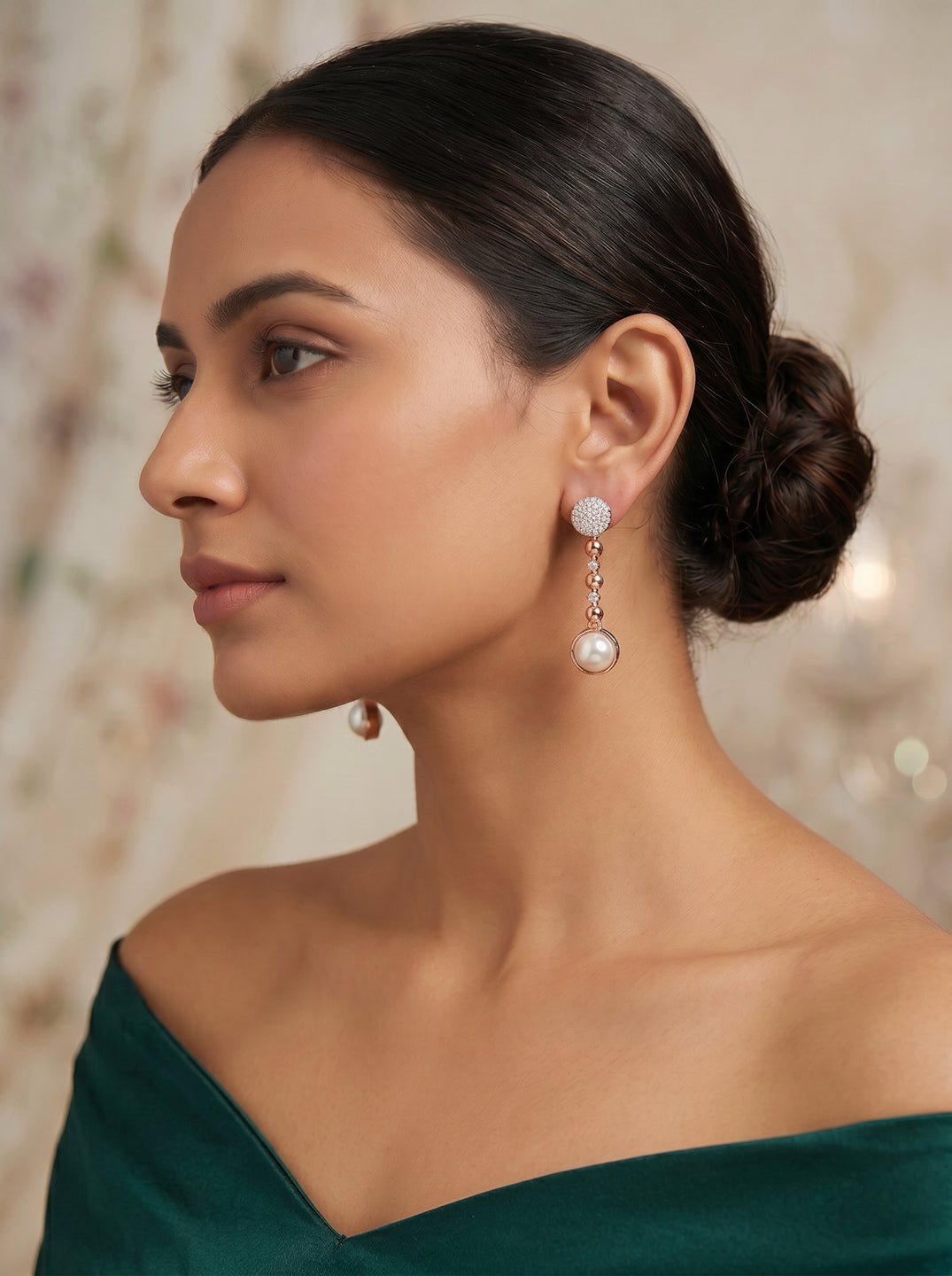 Rose Gold Plated Pearl & AD Stone Beaded Drop Minimal Earrings