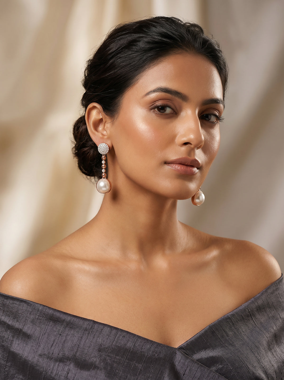 Rose Gold Plated Pearl & AD Stone Beaded Drop Minimal Earrings