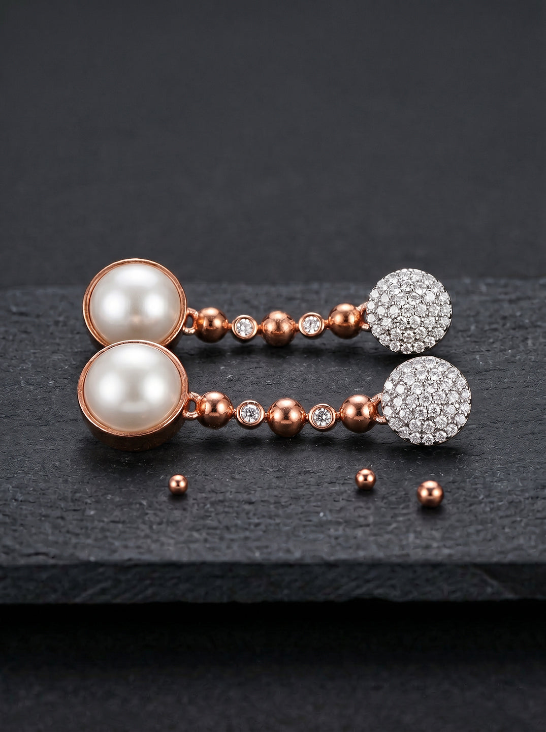 Rose Gold Plated Pearl & AD Stone Beaded Drop Minimal Earrings