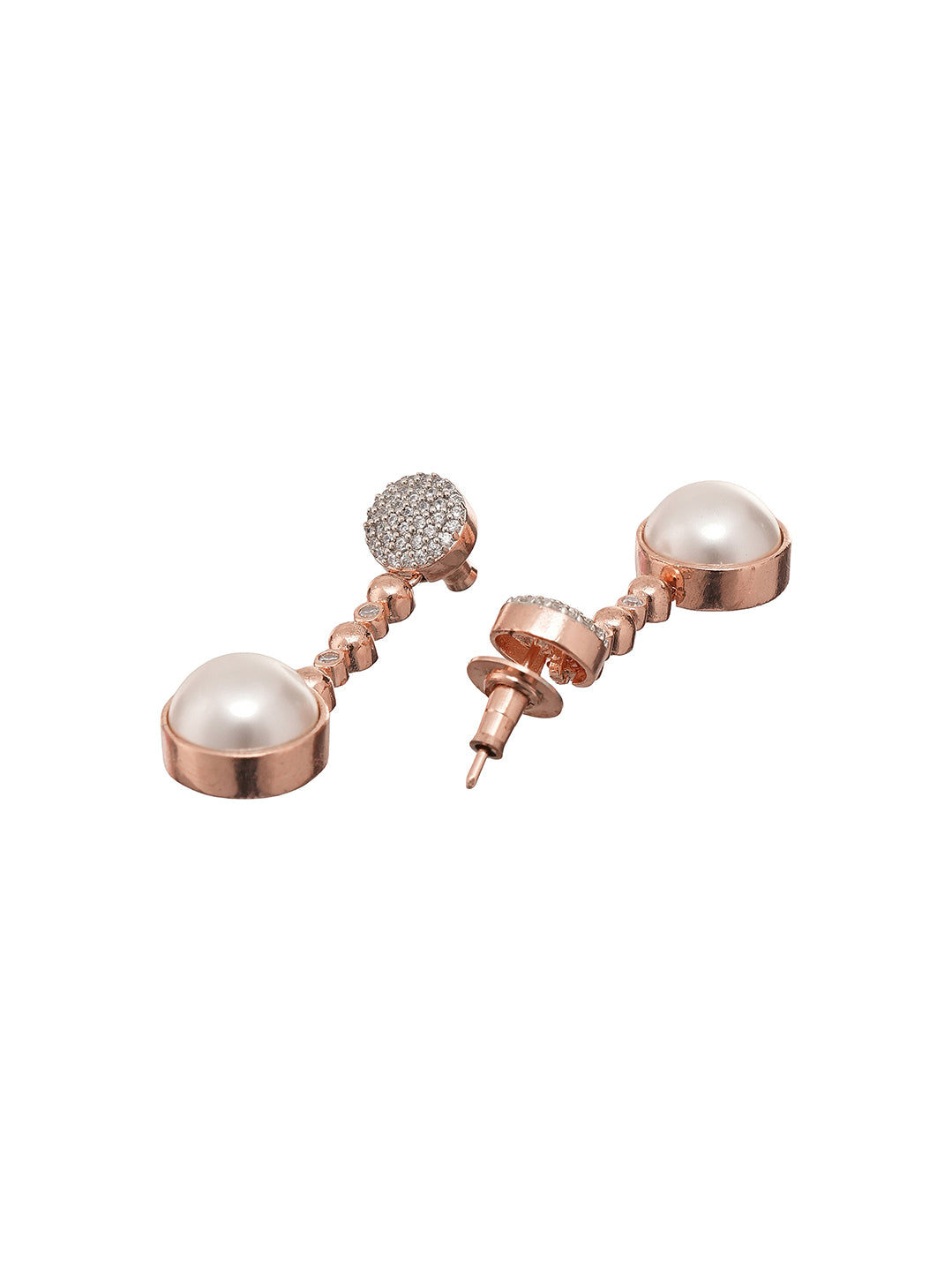 Rose Gold Plated Pearl & AD Stone Beaded Drop Minimal Earrings