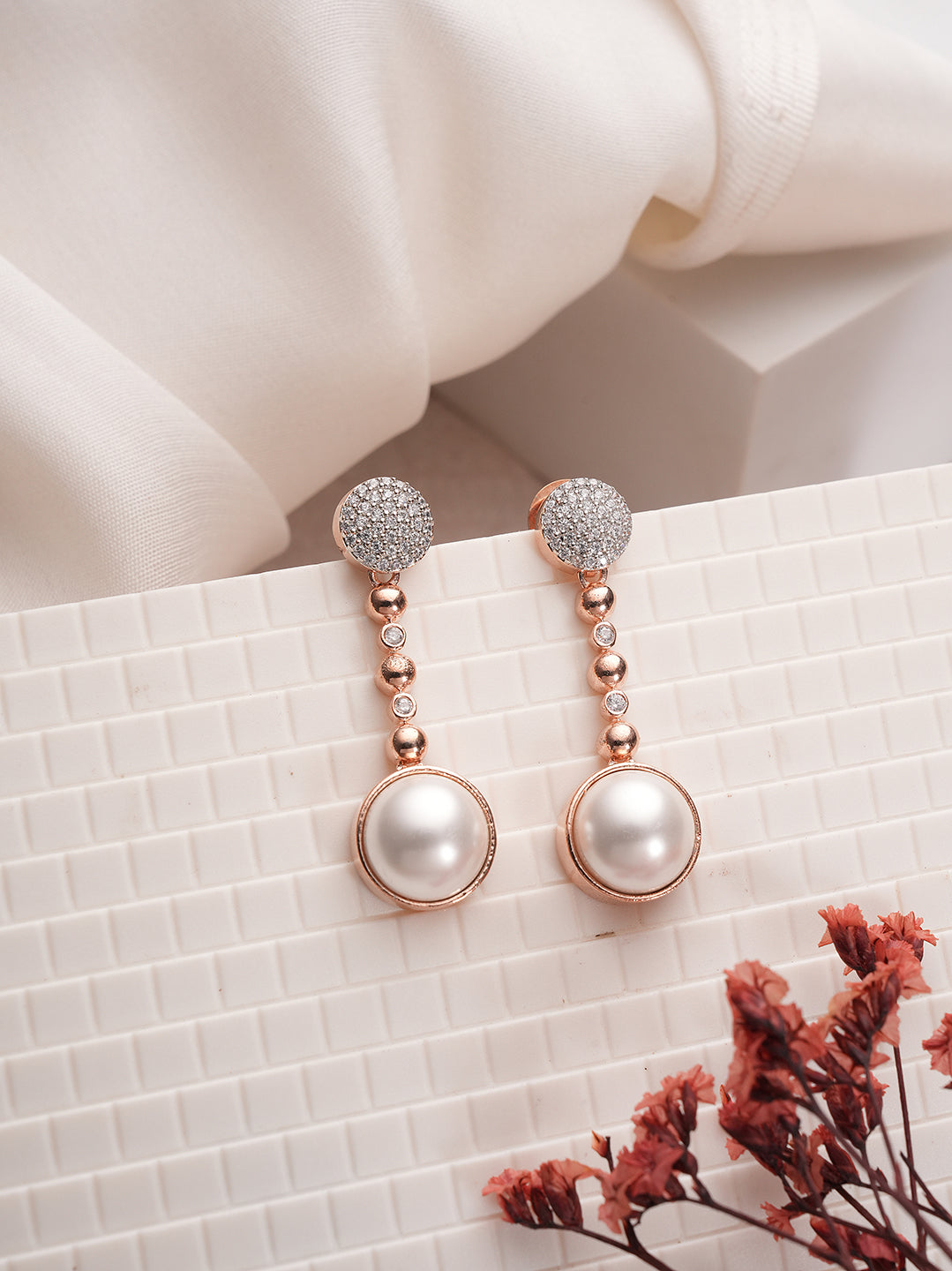 Rose Gold Plated Pearl & AD Stone Beaded Drop Minimal Earrings