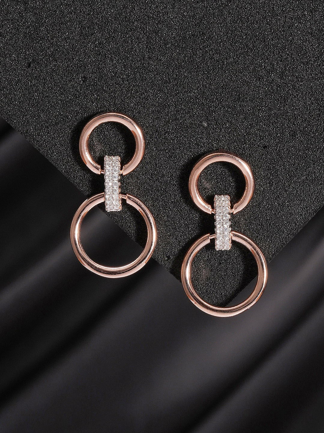 Rose gold plated AD stone double ring hoop earrings