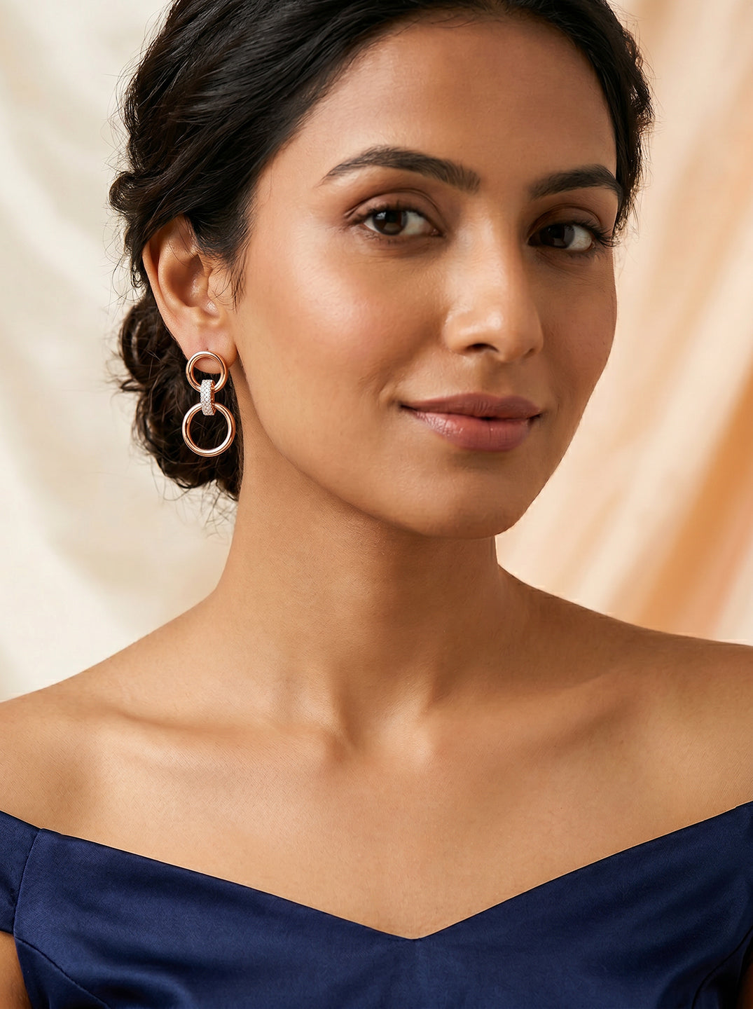 Rose Gold Plated AD Stone Double Ring Minimal Hoop Earrings