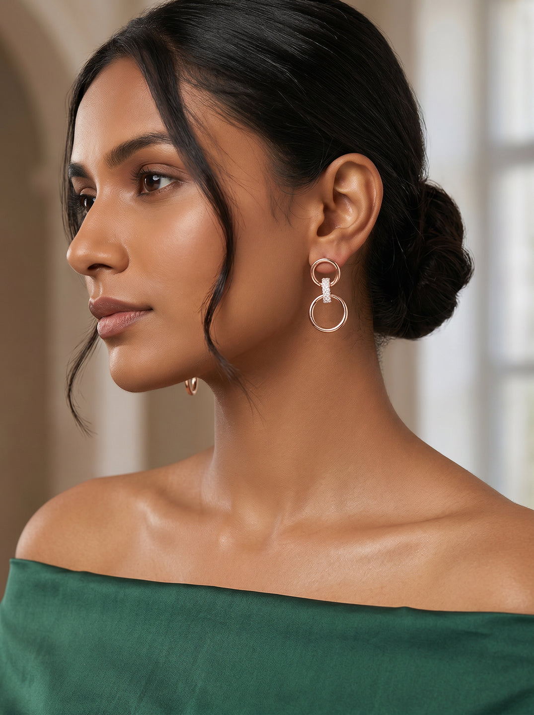 Rose Gold Plated AD Stone Double Ring Minimal Hoop Earrings