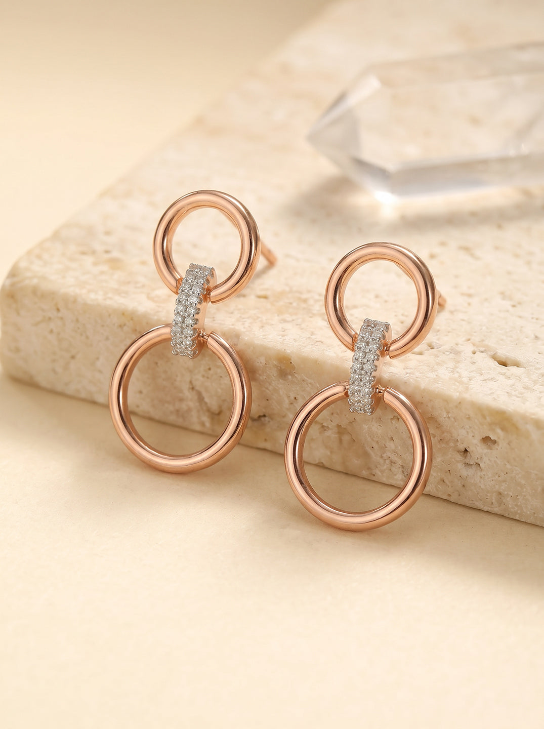 Rose Gold Plated AD Stone Double Ring Minimal Hoop Earrings