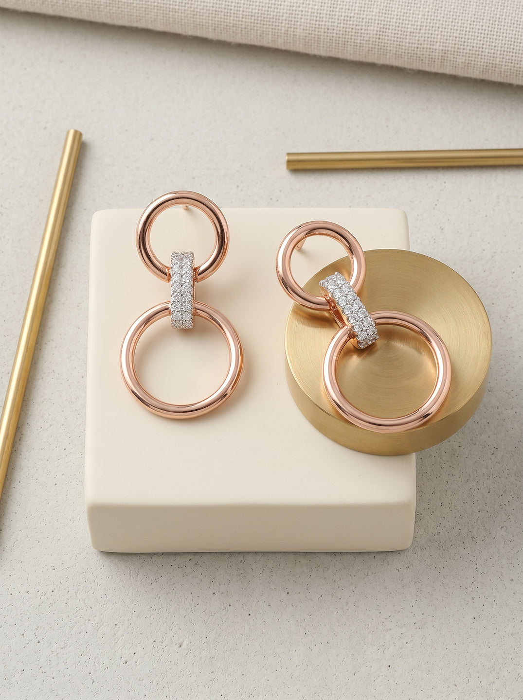 Rose Gold Plated AD Stone Double Ring Minimal Hoop Earrings
