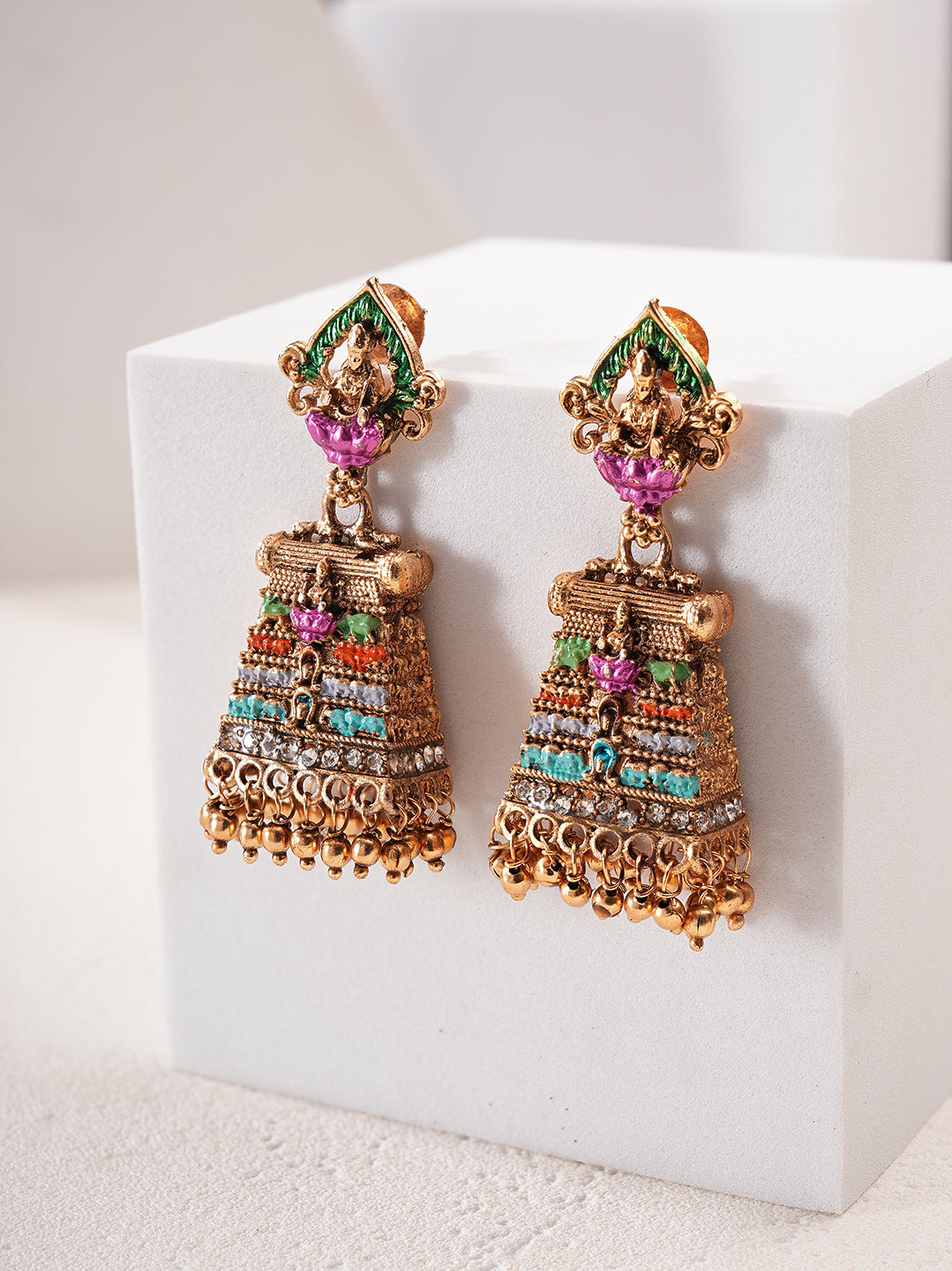 Antique gold multicolour beaded temple jhumka earrings